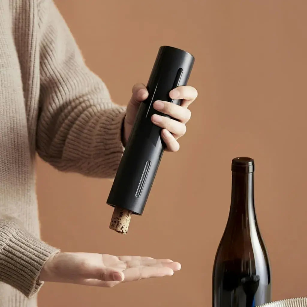 Pessoa usando o abridor automático de vinho Larvivaz para remover uma rolha de garrafa com facilidade.