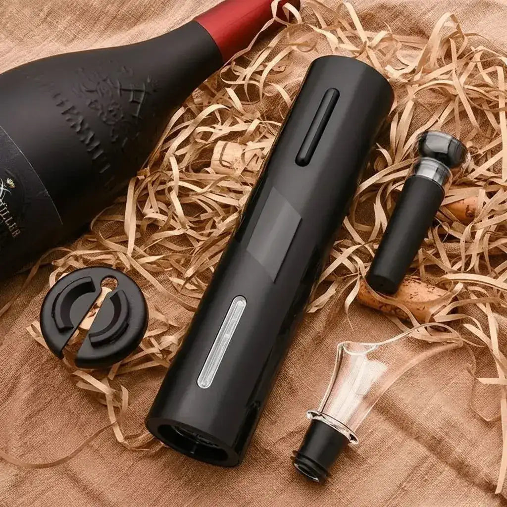 Abridor elétrico de vinho Vigneto em caixa de presente de luxo, ao lado de uma garrafa de vinho.