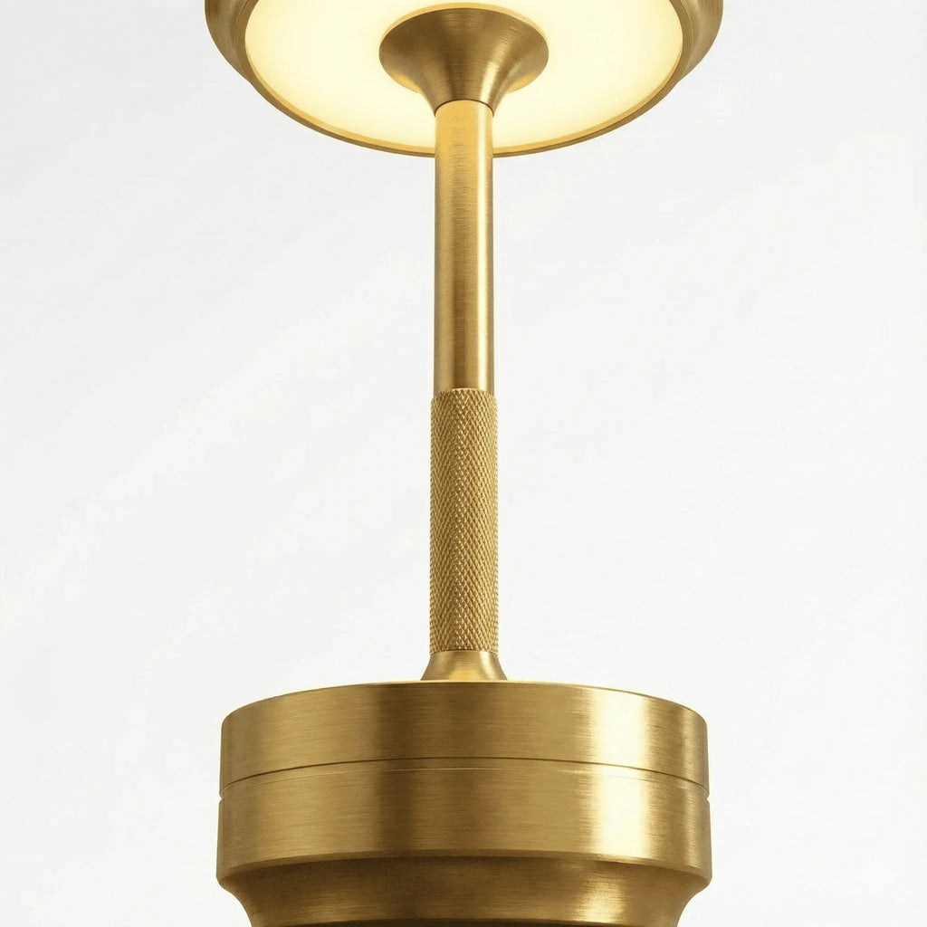 Detalhe do acabamento premium e textura antiderrapante da luminária de mesa LED em alumínio de alta durabilidade.