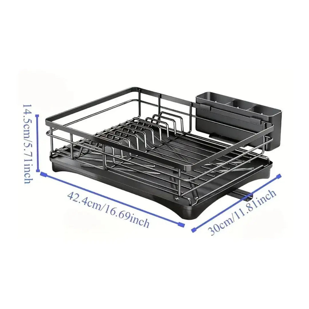 Desenho técnico com as dimensões exatas do organizador de cozinha, mostrando comprimento e largura para planejamento da bancada.