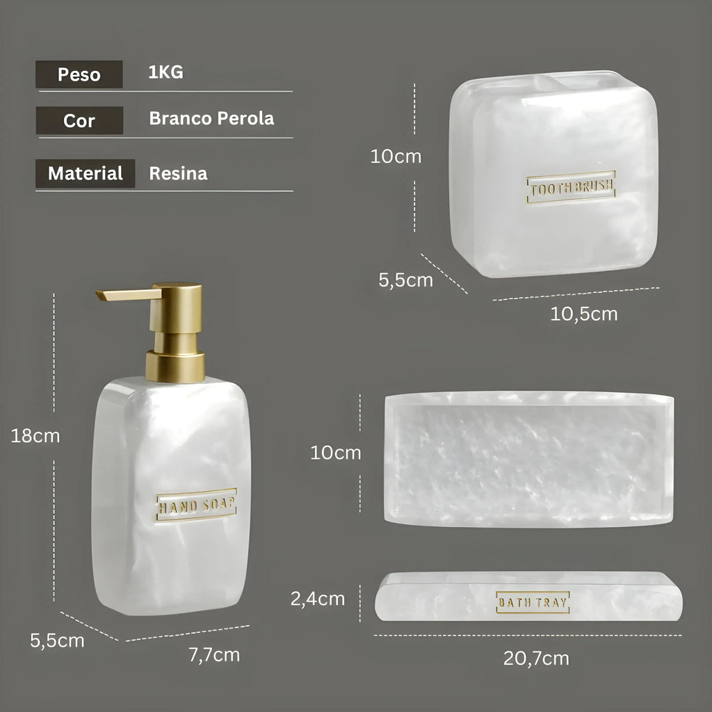 Medidas Kit Banheiro Lavabo Aura Perla, dimensões saboneteira, porta-escovas e bandeja.