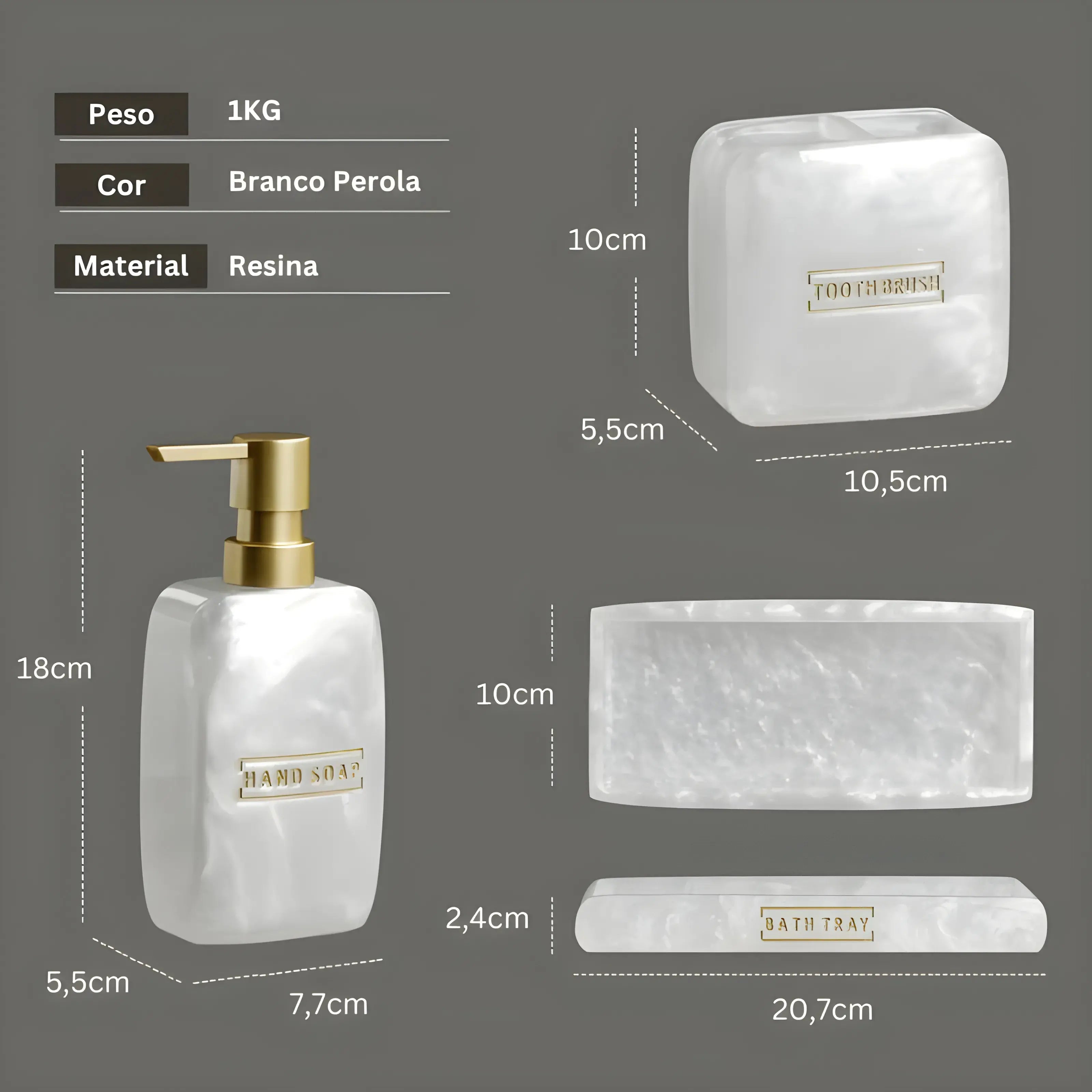 Medidas Kit Banheiro Lavabo Aura Perla, dimensões saboneteira, porta-escovas e bandeja.