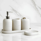 Kit Banheiro Lavabo Travertino Classico, conjunto completo 5 peças, organização e design bege.