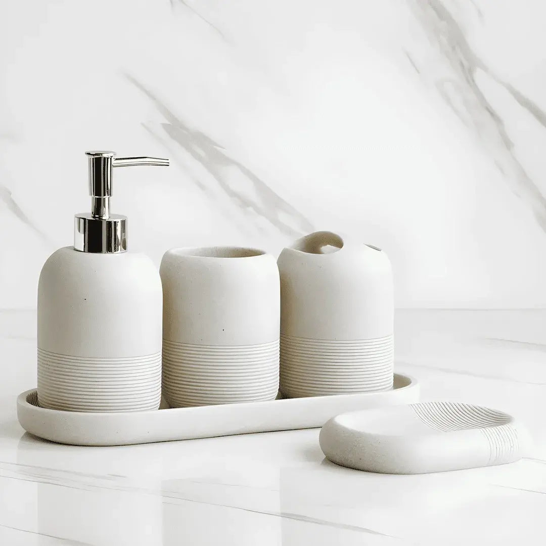 Kit Banheiro Lavabo Travertino Classico, conjunto completo 5 peças, organização e design bege.
