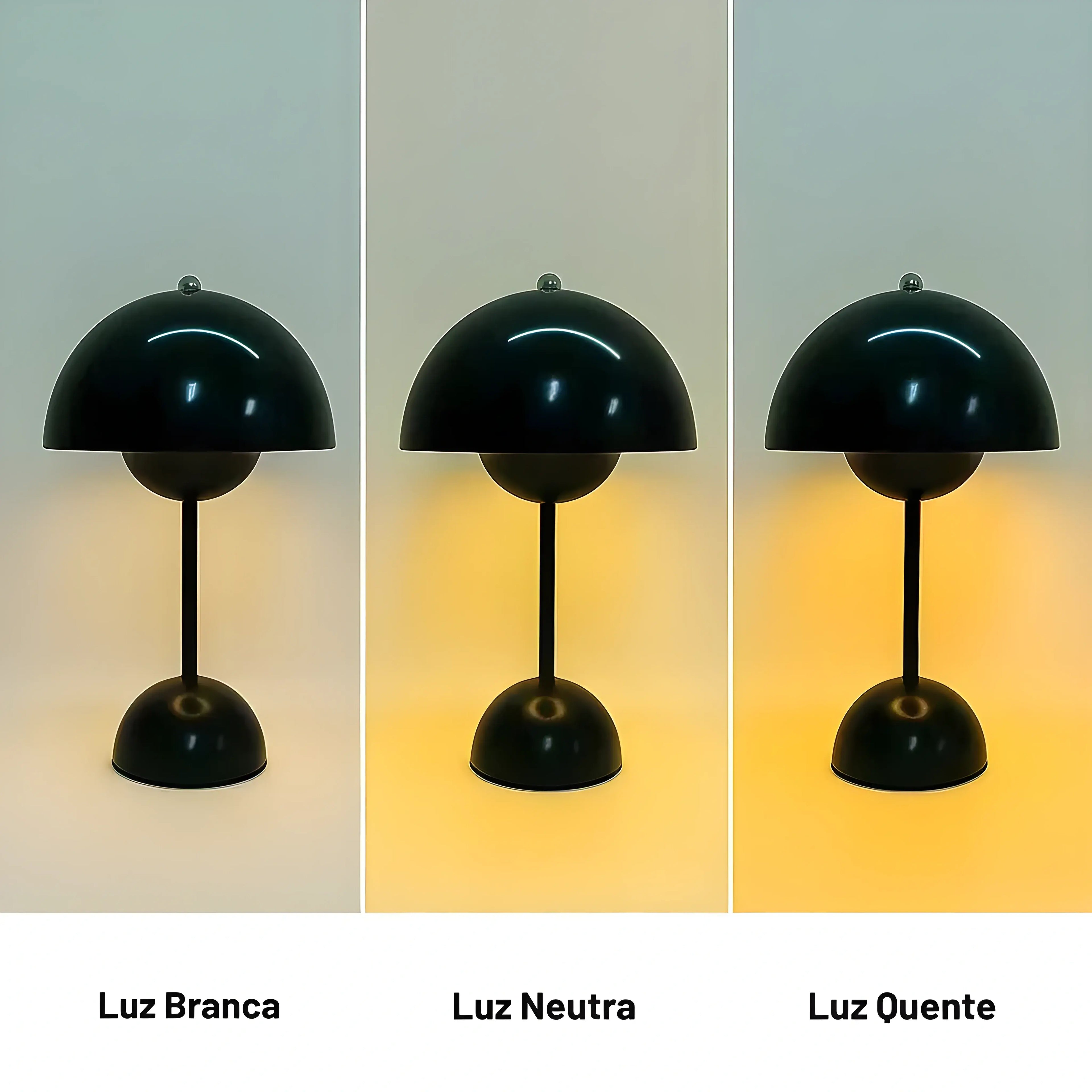 Luminária de LED mesa Aurora Ébano Preta Larvivaz exibindo três temperaturas de cor: luz branca, neutra e quente, com controle touch.
