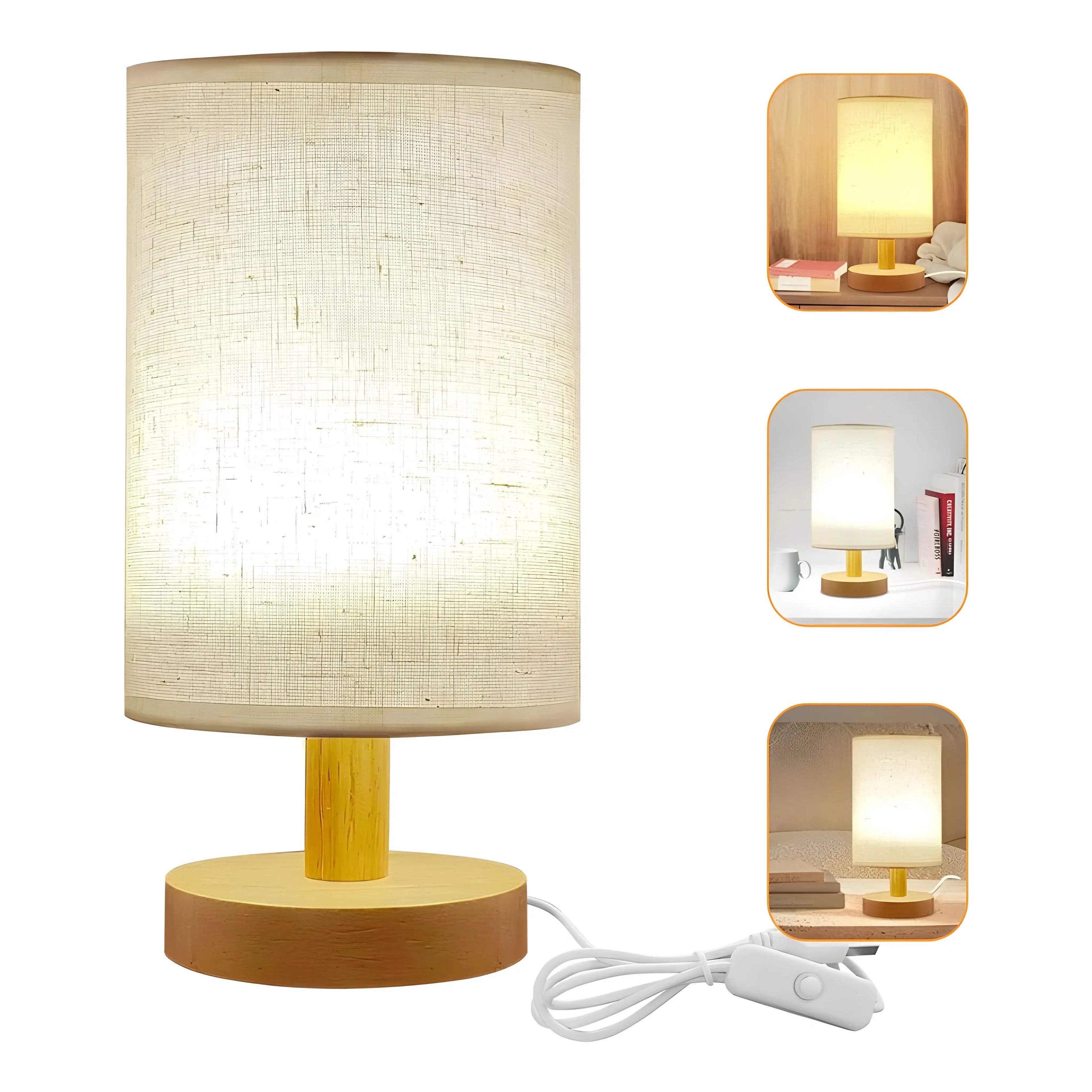 Detalhes da luminária de mesa led Vetra Larvivaz com conexão USB e acabamento em madeira e linho natural.