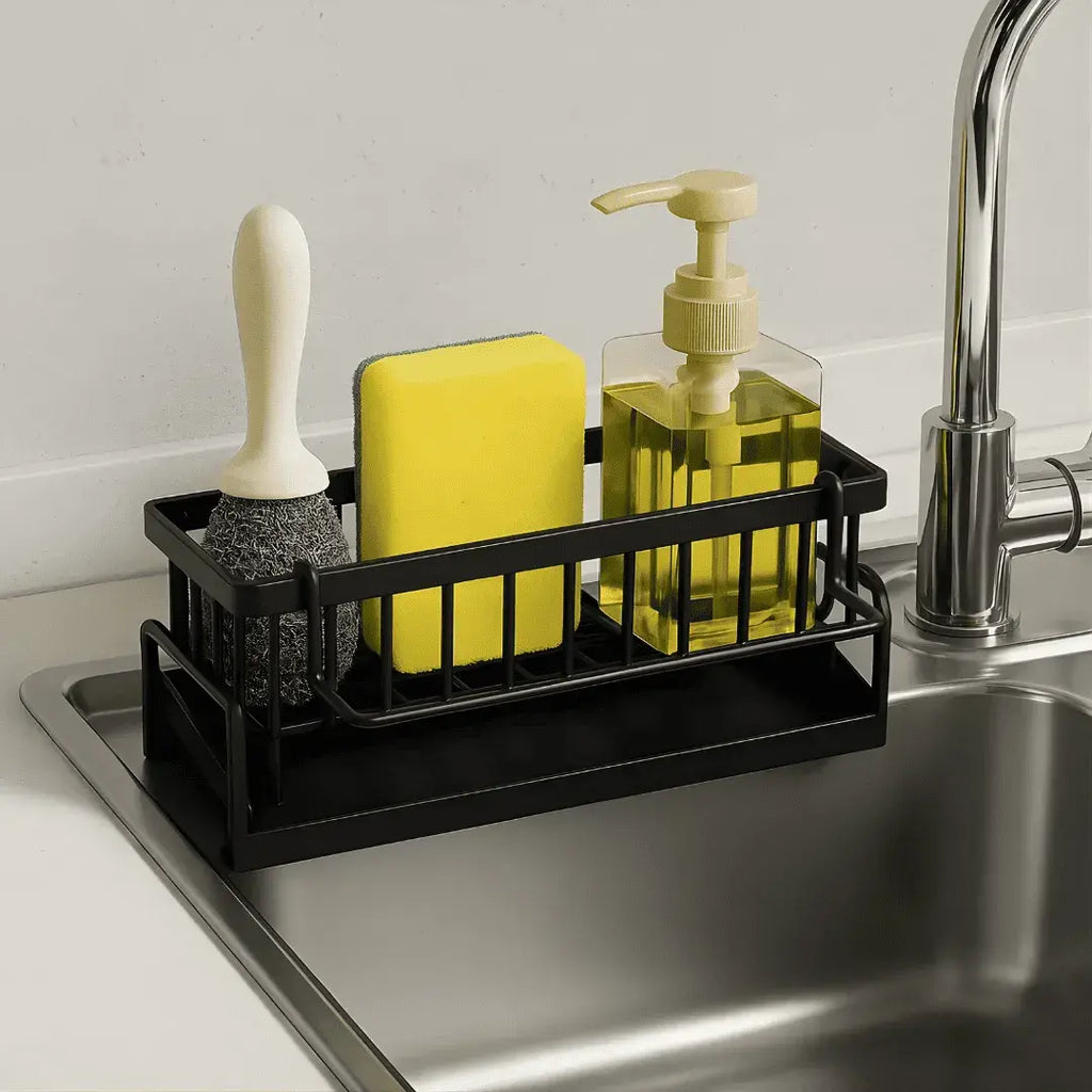 Organizador de cozinha Aethelon Larvivaz com espaço para dispenser de sabão e esponja dentro da pia.