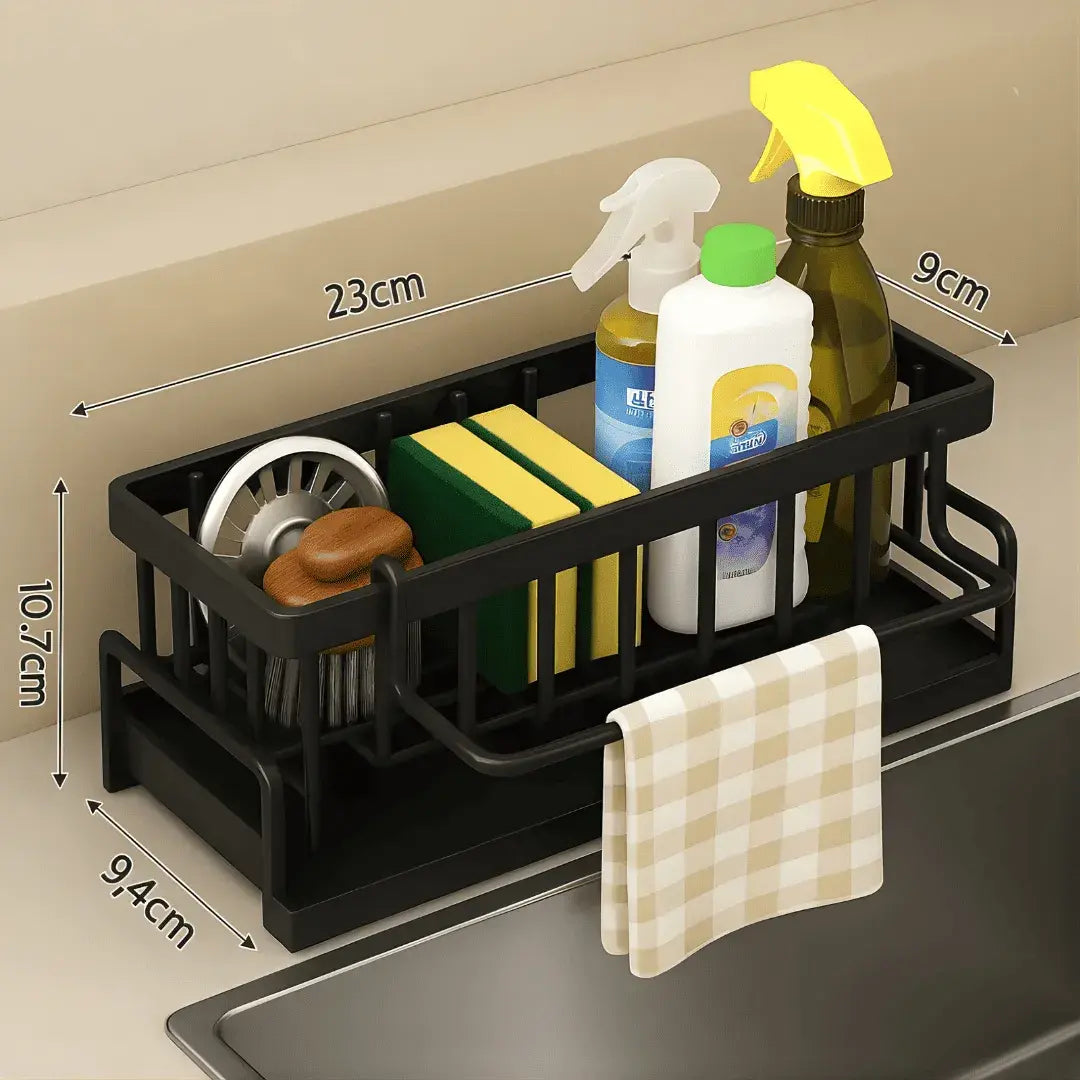 Dimensões e especificações do organizador de cozinha Aethelon: 23cm de comprimento, 10,7cm de largura e 9,4cm de altura.
