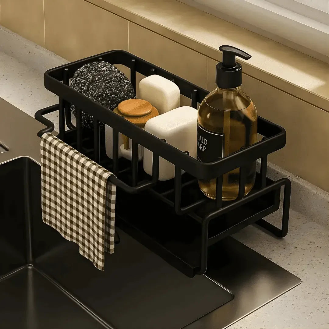 Vista lateral do organizador de cozinha Aethelon destacando o exclusivo suporte para pano e toalha.