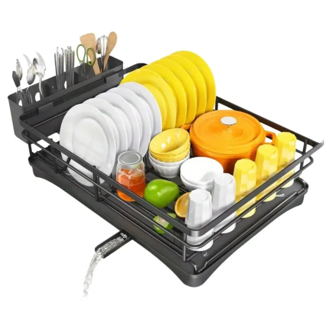 Organizador de cozinha premium em aço carbono preto, visto de ângulo em fundo branco, destacando o bico de drenagem.