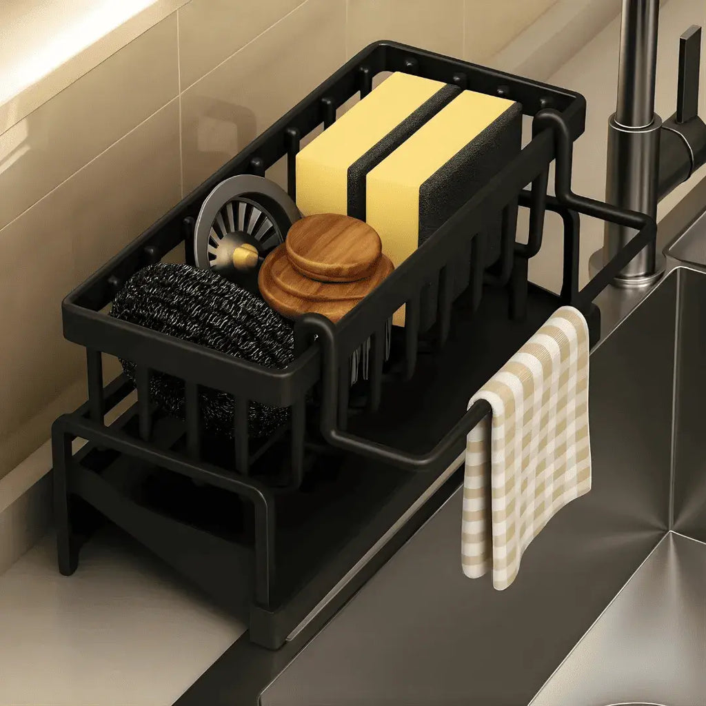 Organizador de cozinha premium Aethelon da Larvivaz, preto fosco, em uso na bancada da pia com escovas e suporte de toalha.