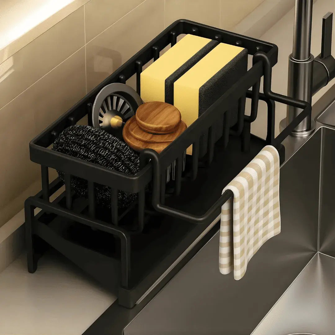 Organizador de cozinha premium Aethelon da Larvivaz, preto fosco, em uso na bancada da pia com escovas e suporte de toalha.