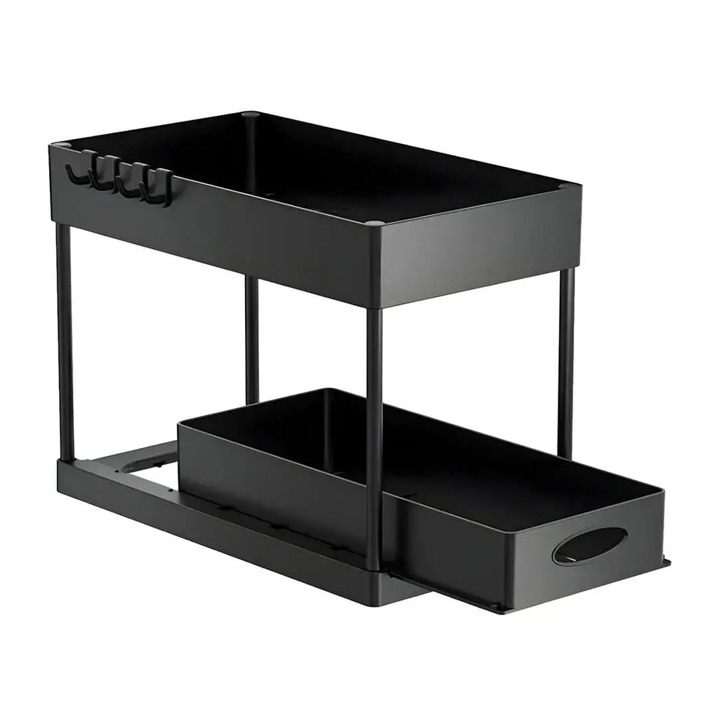 Estrutura e mecanismo deslizante do organizador de cozinha premium Valeron, destacando o acabamento preto fosco.