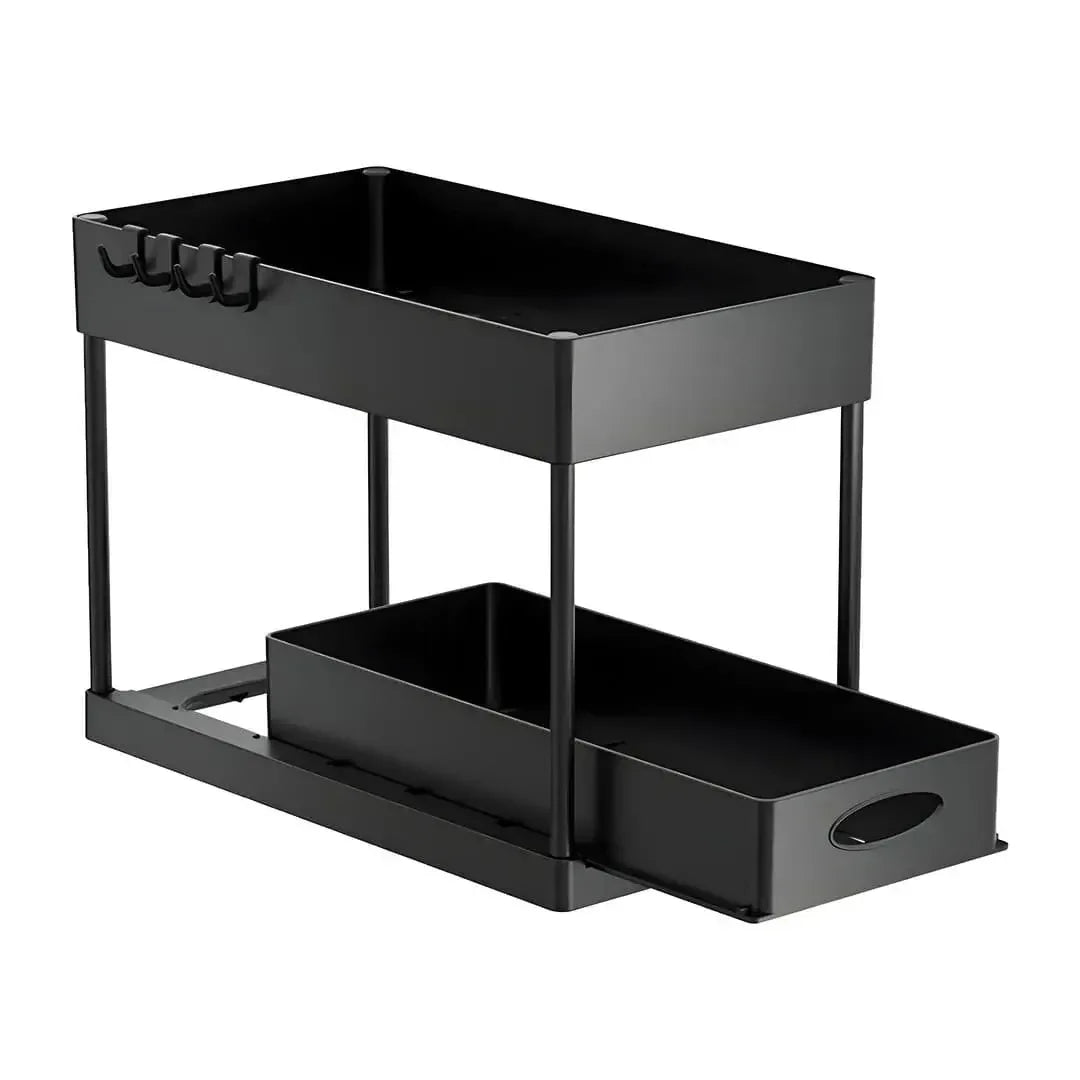 Estrutura e mecanismo deslizante do organizador de cozinha premium Valeron, destacando o acabamento preto fosco.