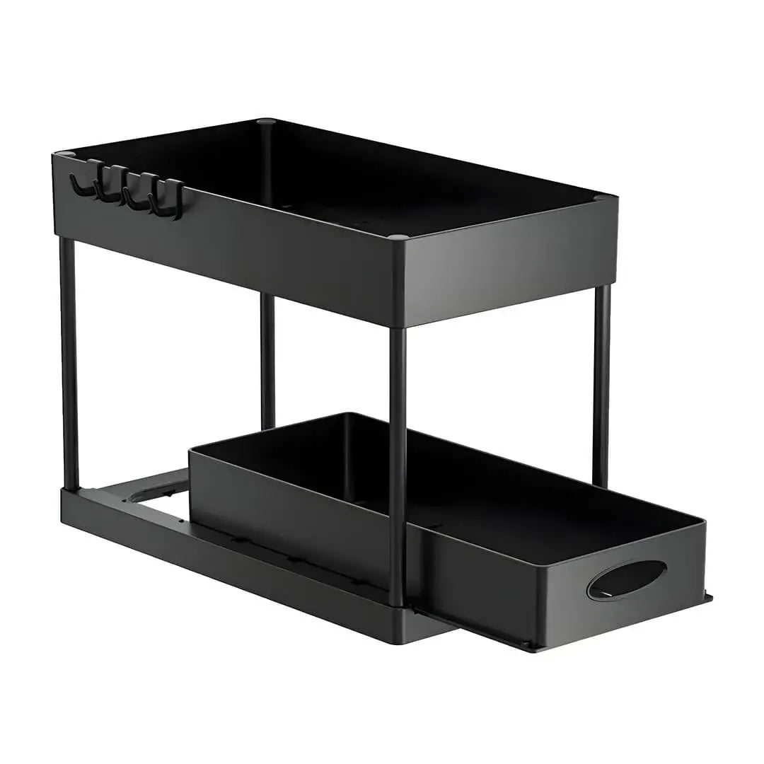 Estrutura e mecanismo deslizante do organizador de cozinha premium Valeron, destacando o acabamento preto fosco.