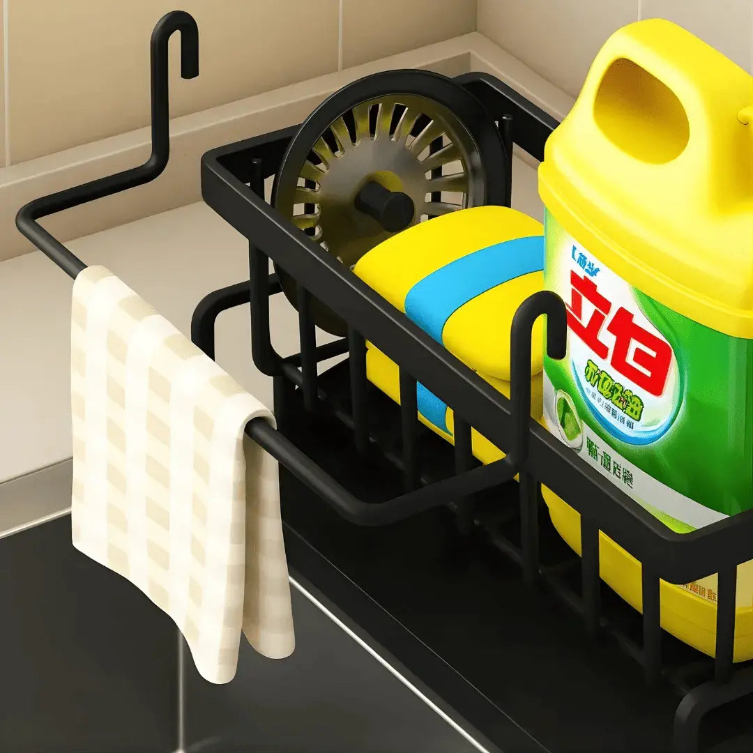 Organizador de cozinhas modelo Aethelon demonstrando sua capacidade de armazenamento com detergente e esponjas.