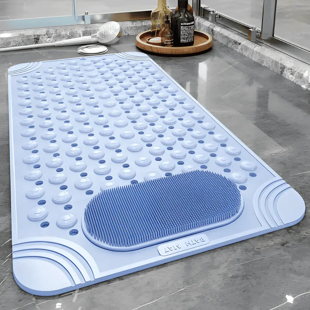 Tapete para banheiro antiderrapante Elysian azul-claro, feito de TPE durável para longevidade.